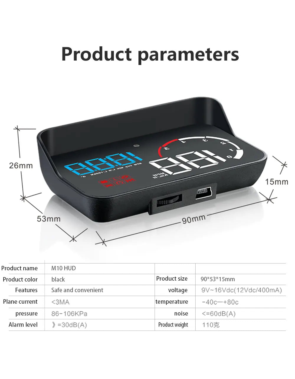 Car M10 Hud Display OBD2 HUD Head Up Display Km/H Speedometer Windshield Projection Overspeed Warning Digital On Board Computer