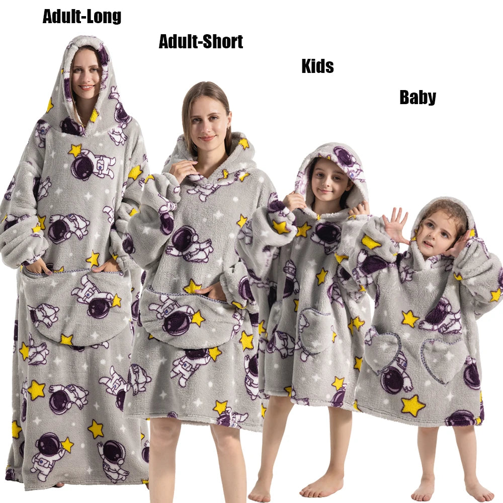 Halloween Family Matching Blanket Hoodies Women Cartoon Bear Dinosaur Sweatshirts Adult Oversized Warm Pullover Winter Clothes