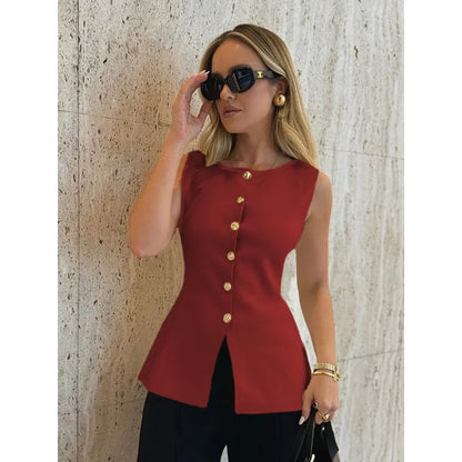 New Women's Tank Top Clothes Women's Fashion Gold Button Embellished Knit Undershirt