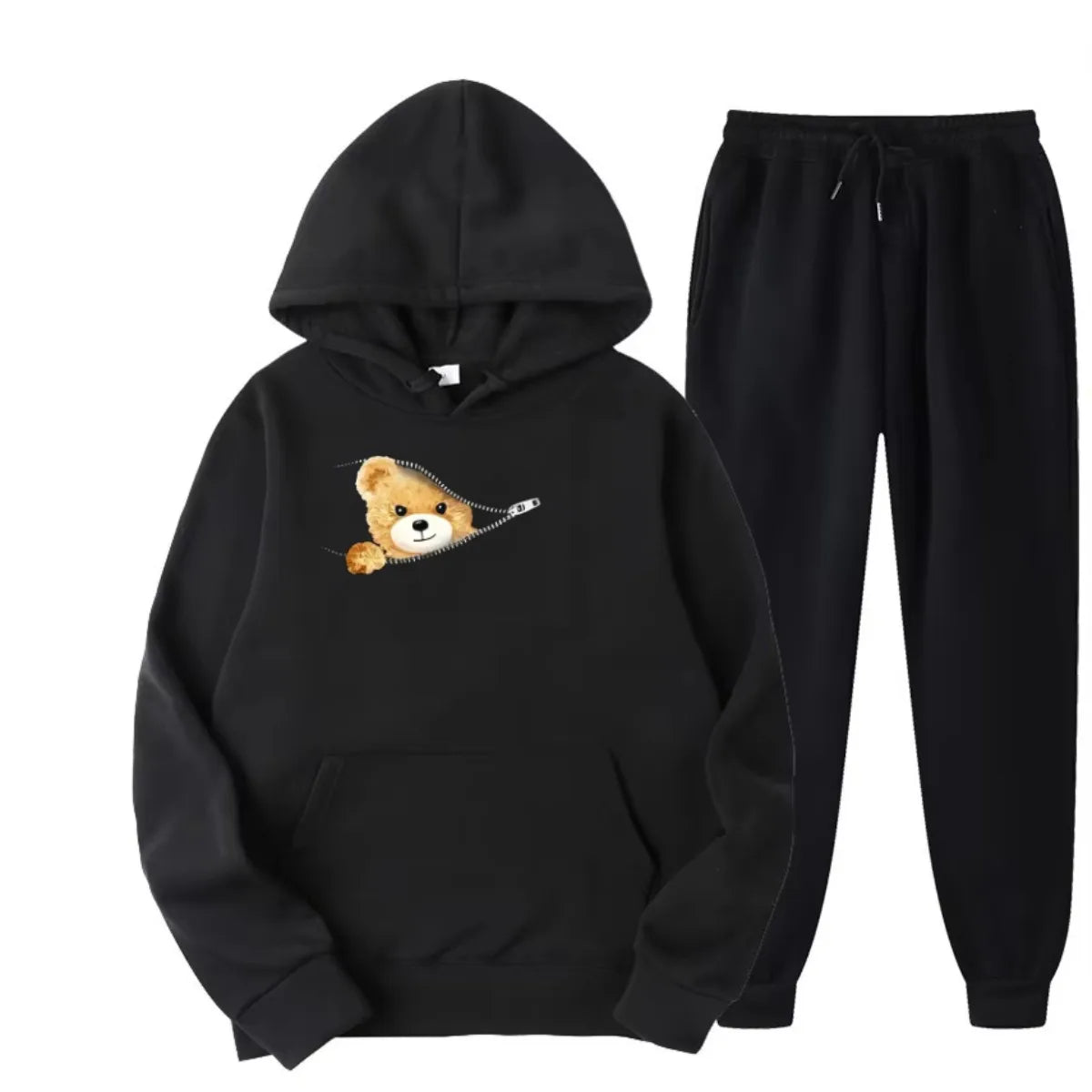 Autumn and Winter Men's and Women's 100% Pure Cotton Casual Loose Cartoon Cute Bear Print Sports Comfortable Hoodie Set