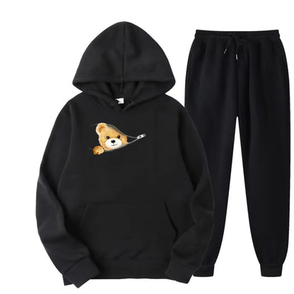 Autumn and Winter Men's and Women's 100% Pure Cotton Casual Loose Cartoon Cute Bear Print Sports Comfortable Hoodie Set