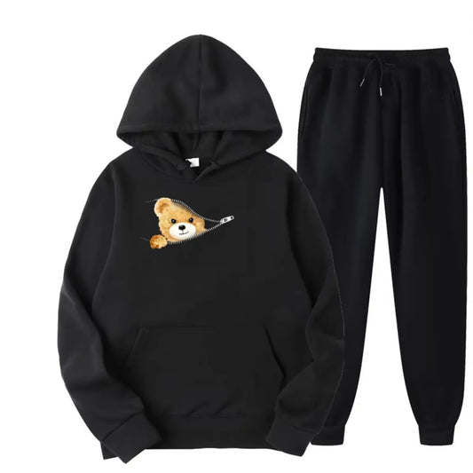 Autumn and Winter Men's and Women's 100% Pure Cotton Casual Loose Cartoon Cute Bear Print Sports Comfortable Hoodie Set