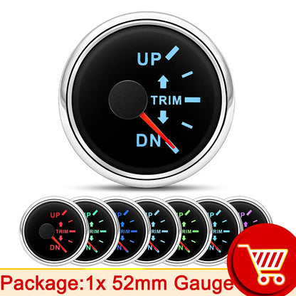52mm  Trim Gauge Up To Down for Inboard Outboard Engine Boat Marine Trim Tilt Indicator Meter 0-190 Ohm 7 Color Backlight