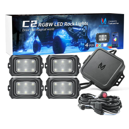 MICTUNING RGBW LED Rock Lights with Bluetooth Controller, Timing Function, Music Mode - C1 4Pods Multicolor Neon LED Light Kit