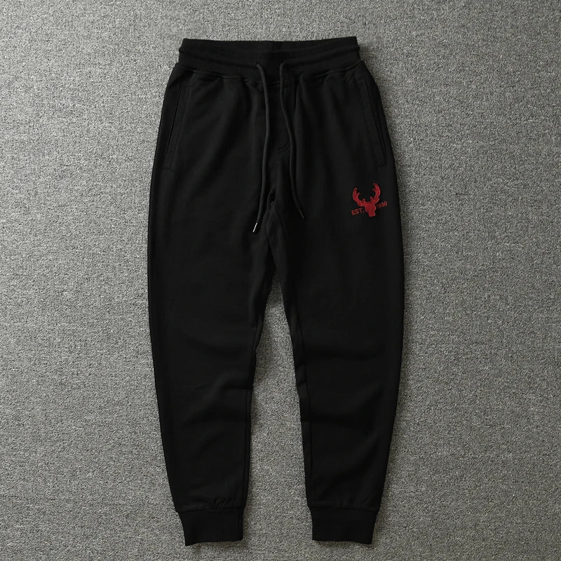 Autumn American Retro Terry Knitted Embroidery Sweatpants Men's Simple Elastic Waist Drawstring Sport Casual Youth Slim Pants