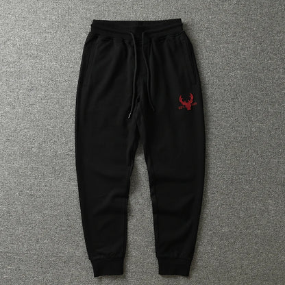 Autumn American Retro Terry Knitted Embroidery Sweatpants Men's Simple Elastic Waist Drawstring Sport Casual Youth Slim Pants