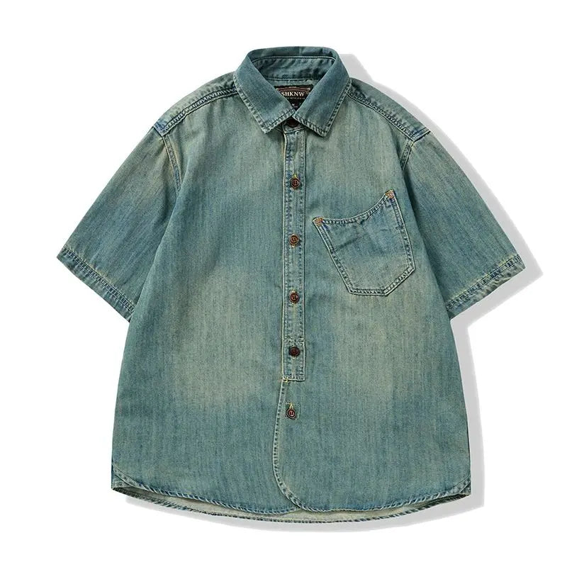 Men Summer Denim Thin Shirt Short Sleeve Soft Cotton Pockets Slim Slight Elastic Jeans Cowboy Shirt Clothing 2025 Vintage Loose