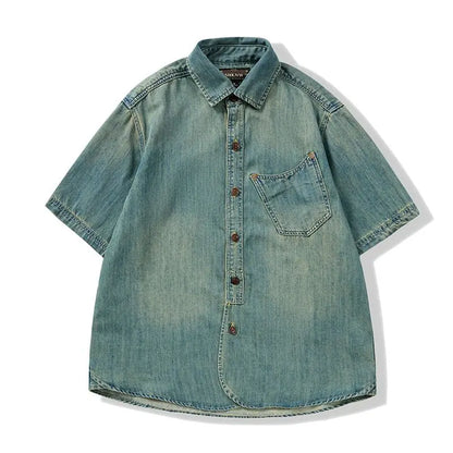 Men Summer Denim Thin Shirt Short Sleeve Soft Cotton Pockets Slim Slight Elastic Jeans Cowboy Shirt Clothing 2025 Vintage Loose
