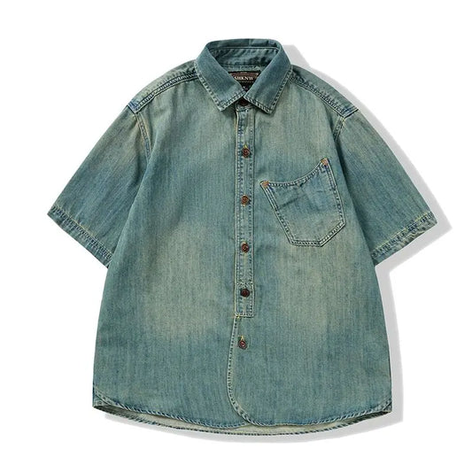 Men Summer Denim Thin Shirt Short Sleeve Soft Cotton Pockets Slim Slight Elastic Jeans Cowboy Shirt Clothing 2025 Vintage Loose