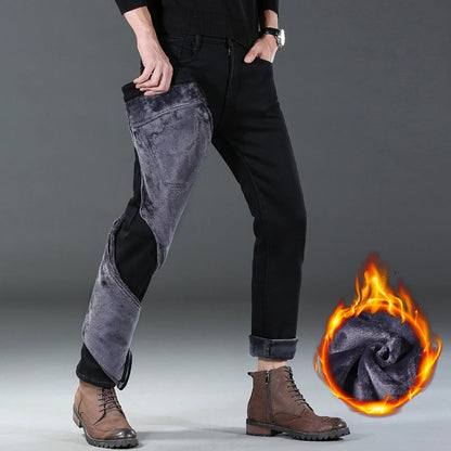 2025 Winter New Style Men's Black Straight Thick Jeans Fashionable Business Velvet Warm Denim Pants Fleece Hot Casual Pants