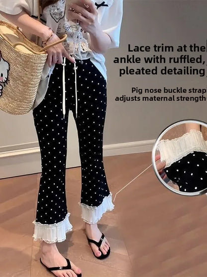 High Waist Lace Trim Bell Bottom Pants Women Summer 2026 New Style Slim Fit Small Size Nine Point Straight Micro Flared Polka...