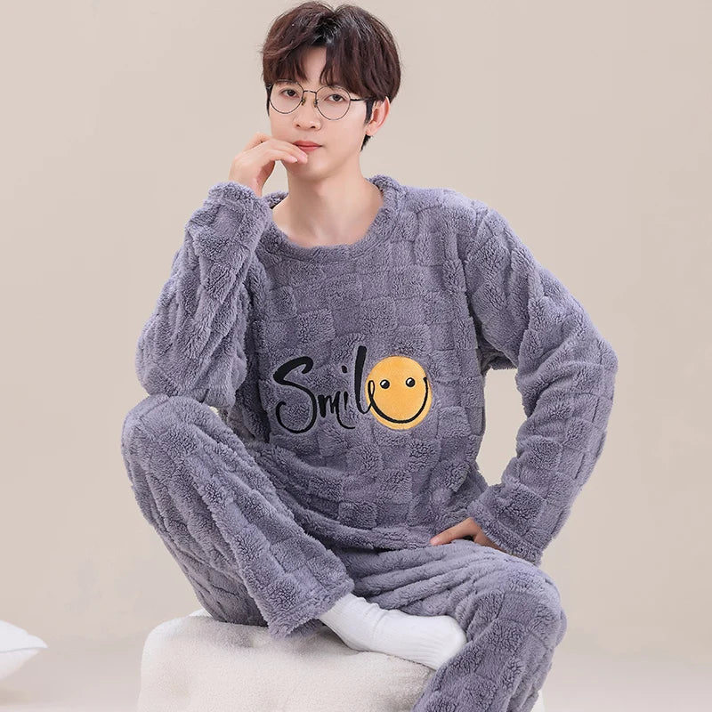 Pajama Set Men O-neck Long Sleeve Striped Comfortable Warm Flannel Mens Pajamas Big Yards XXXL Korean Style Home Clothing Casual