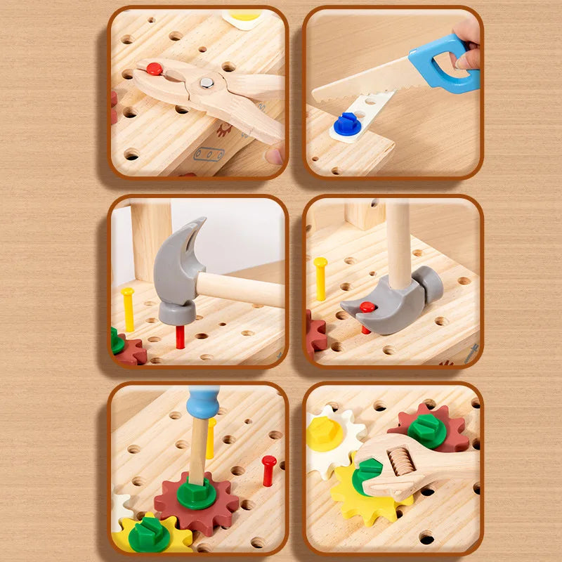 Tool Bench for Kids Toy Play Workbench Wooden Tool Bench Workshop Workbench with Tools Set Wooden Construction Bench Toy for Boy