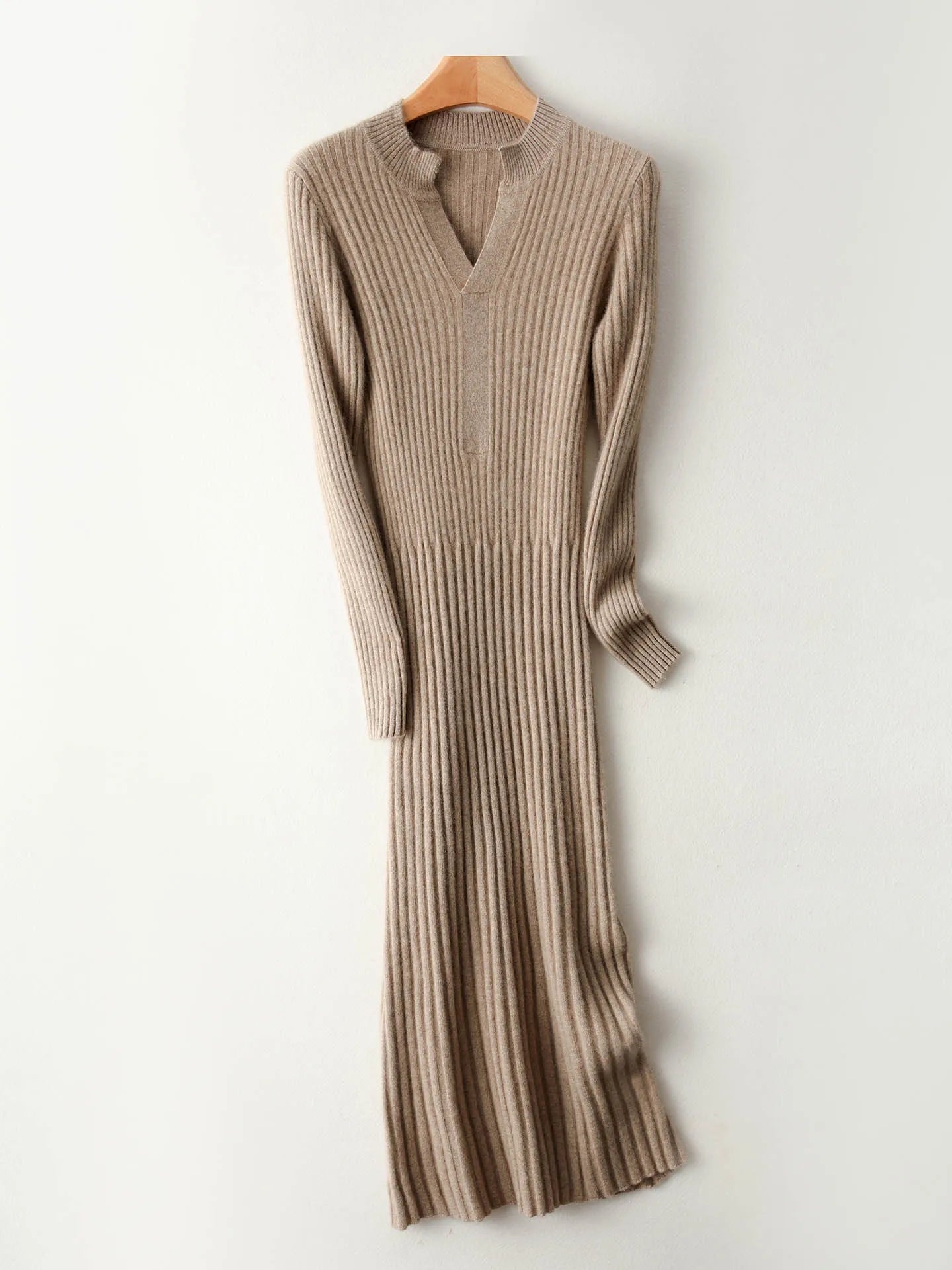 100% Merino Wool Long Dress Women's Open Neck Slim Fit Autumn Winter Casual Fashion Knitted Cashmere Waist Cinched Dress
