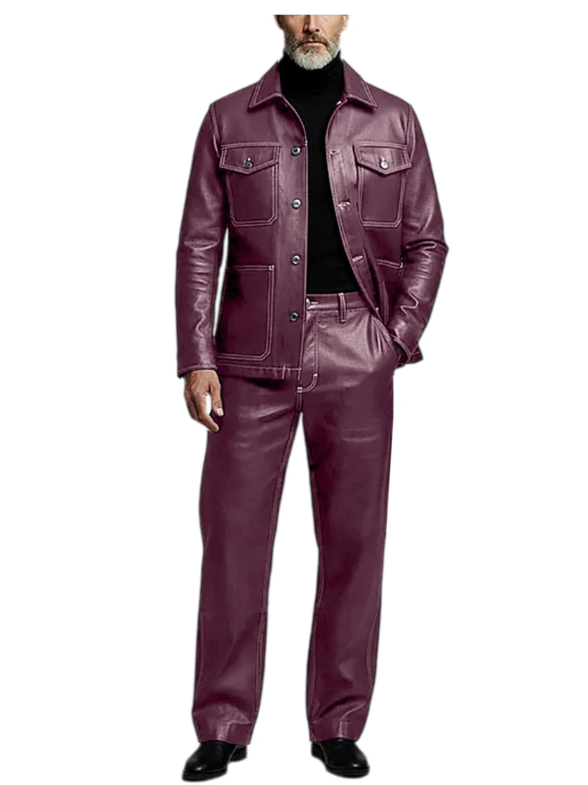 Men's 2 Piece PU Leather Suit Set Multi Pocket Shirt Collar Trucker Jacket Straight Leg Pants Business Casual Streetwear Outfits
