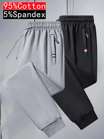 2-piece Black Pants Autumn Men's Stretch Belt Zipper Pocket Jogging Elastic Cotton Fitness Sport Suitable Gym Hiking Daily Wear