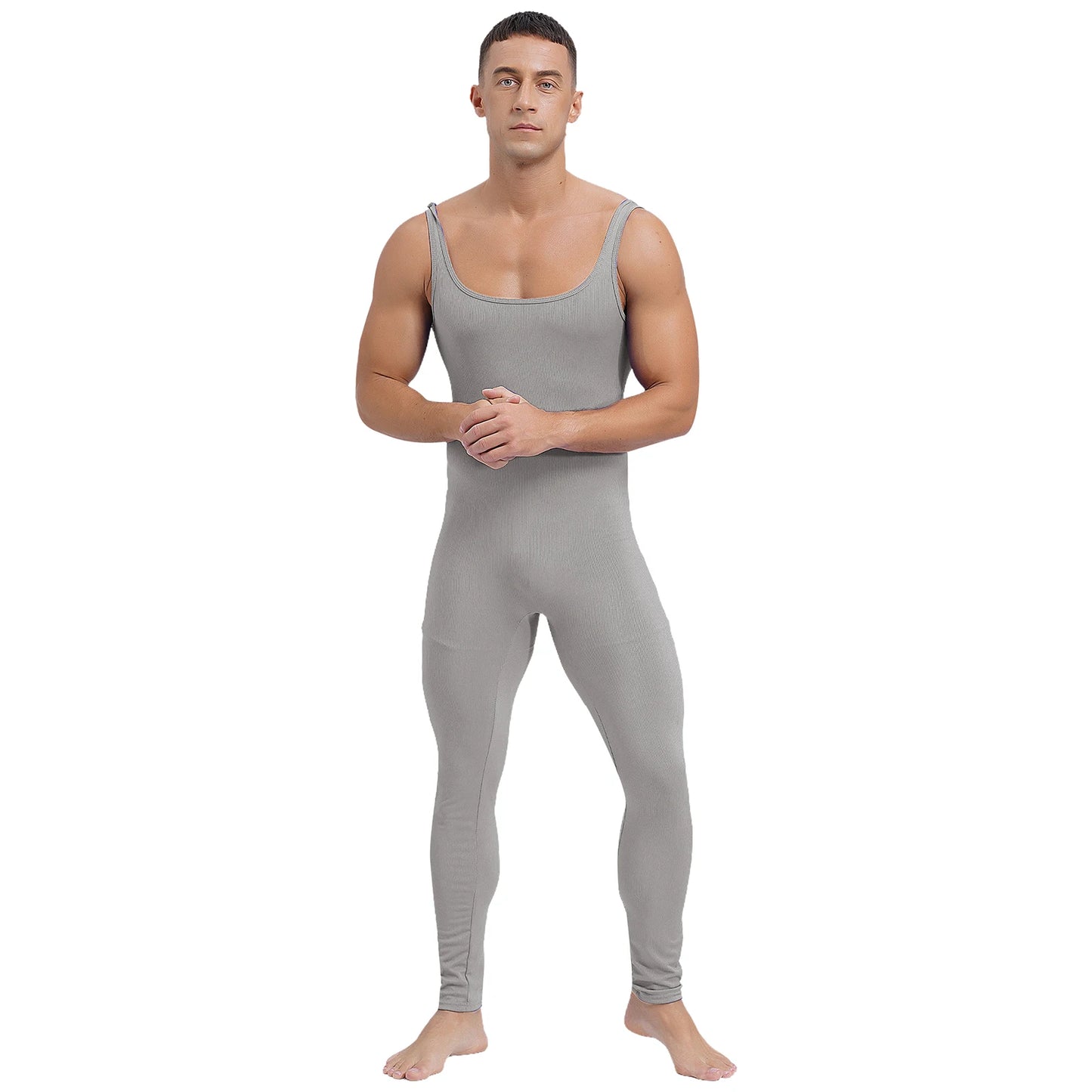 Mens Athletic Jumpsuit Square Neck Sleeveless Leotard Ribbed Striped Tank Unitard Wrestling Singlet Workout Yoga Bodysuit Romper