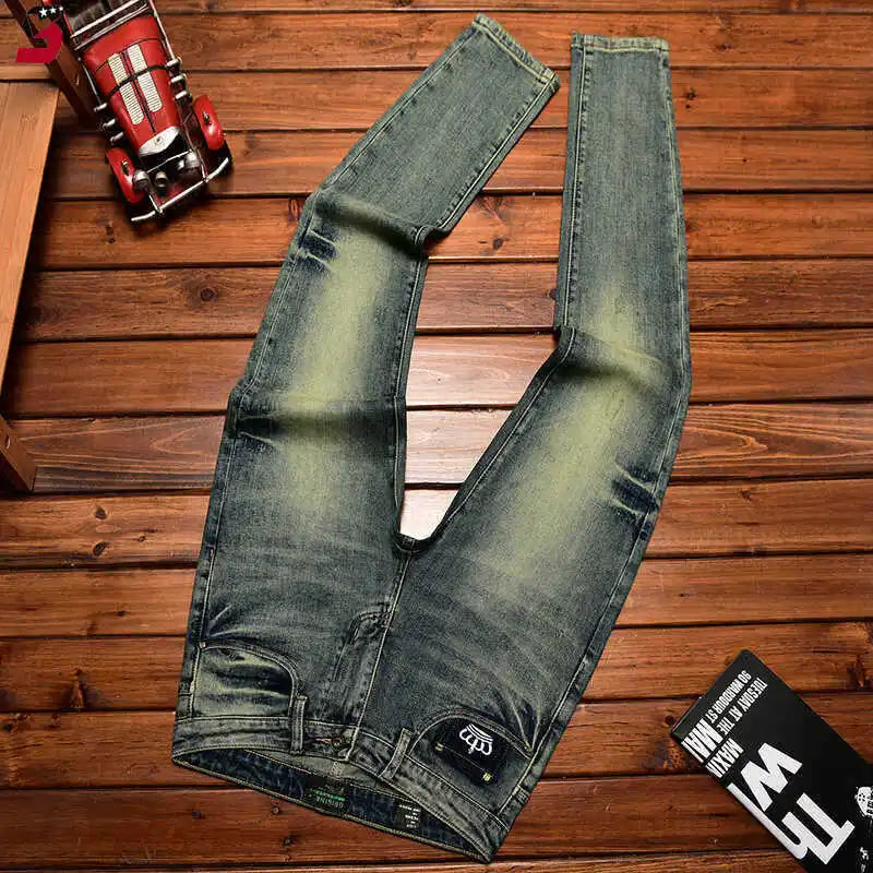 2026 Retro Nostalgic Jeans Men's Embroidered Print Spring and Autumn Men's Clothing Elastic Slimming Small Foot Trendy Pants
