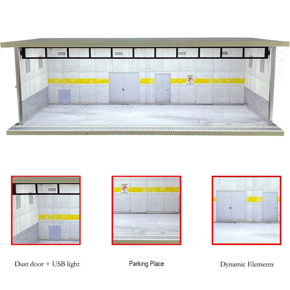 1/64 Scale Diecast Car Garage Diorama Model Miniature Case LED Light Parking Garage Diorama Kit for Collectible Cars Model