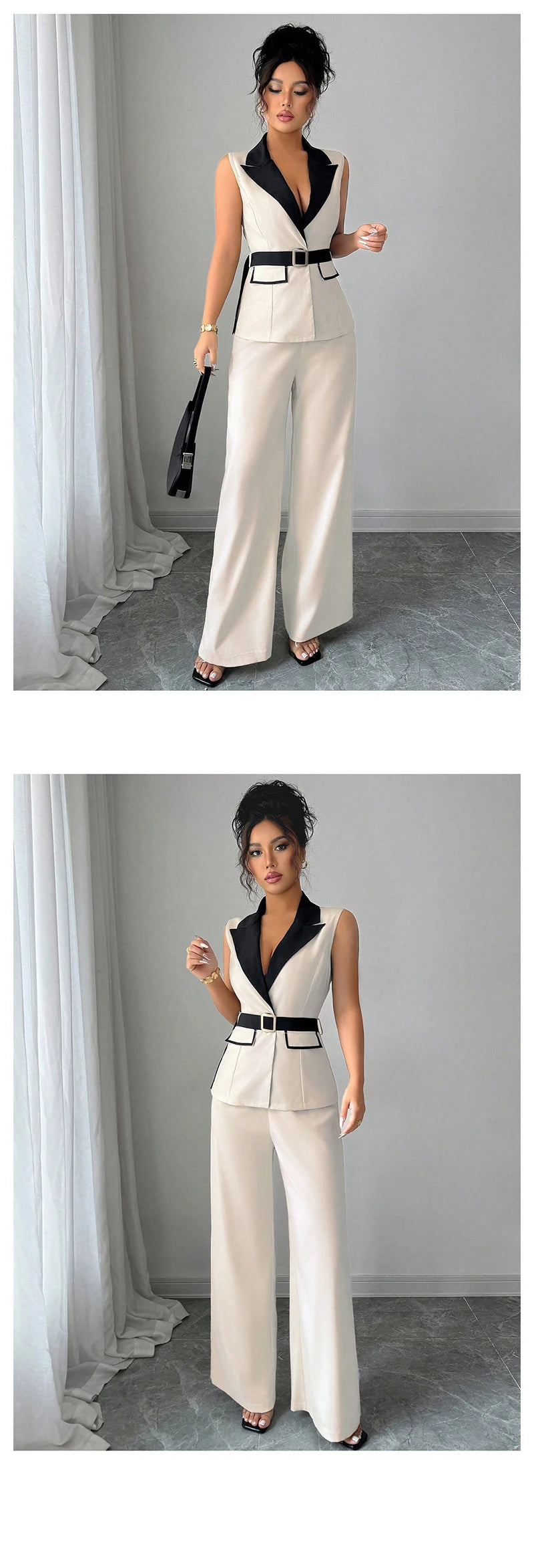 Women's Office Lady Ensemble Outfit Autumn Sleeveless Straight Leg Pants Set Classy Bandeau Elegant Style Top And Vest 2 Set