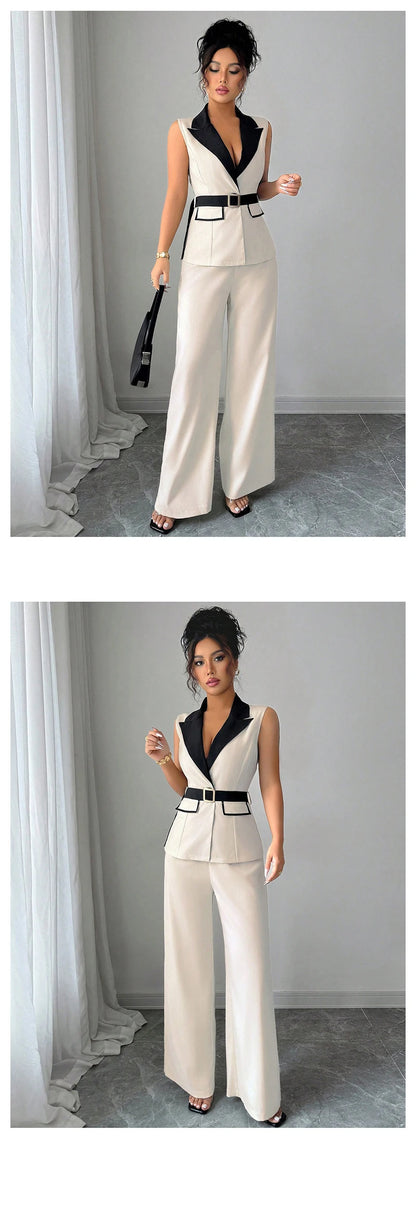 Women's Office Lady Ensemble Outfit Autumn Sleeveless Straight Leg Pants Set Classy Bandeau Elegant Style Top And Vest 2 Set