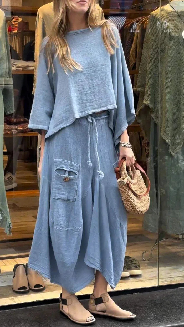2024 Autumn Fashion New Women's Cotton and Linen Loose Skirt Two-piece Set Solid Color Irregular Top Waist Pocket Skirt Set