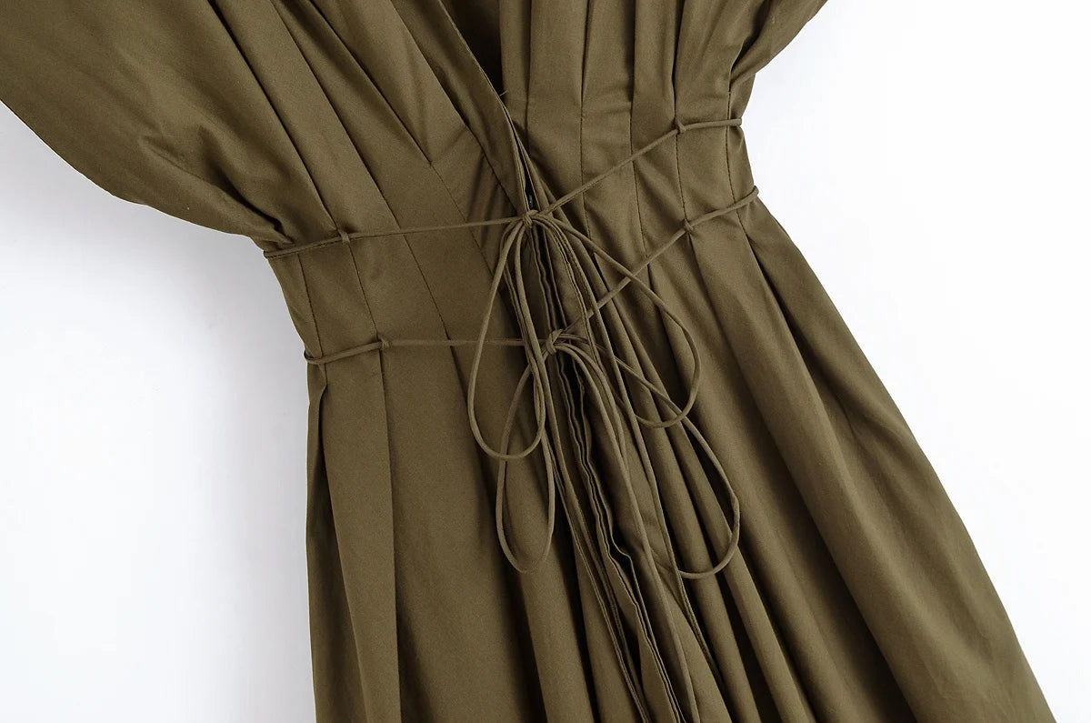 HH Women's Summer Fashion V-neck Lace-up Midi Short Sleeve Dress Female Elegant Backless Pleated Sexy Waist Long Dress