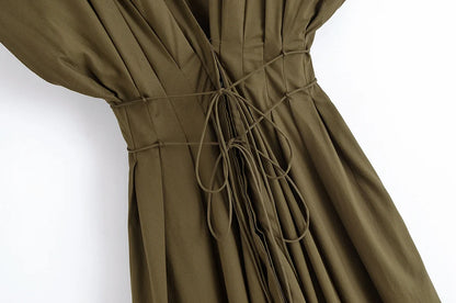 HH Women's Summer Fashion V-neck Lace-up Midi Short Sleeve Dress Female Elegant Backless Pleated Sexy Waist Long Dress