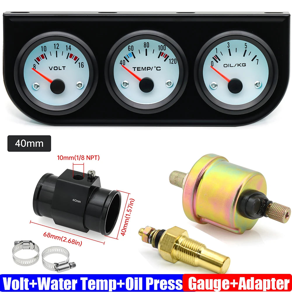 3IN1 Triple Meter Kits Gasoline Car 12V 52mm Voltage+Water Temp+Oil Pressure Gauge with Sensor Radiator Hose Adapter 26MM-40MM