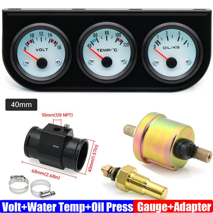 3IN1 Triple Meter Kits Gasoline Car 12V 52mm Voltage+Water Temp+Oil Pressure Gauge with Sensor Radiator Hose Adapter 26MM-40MM