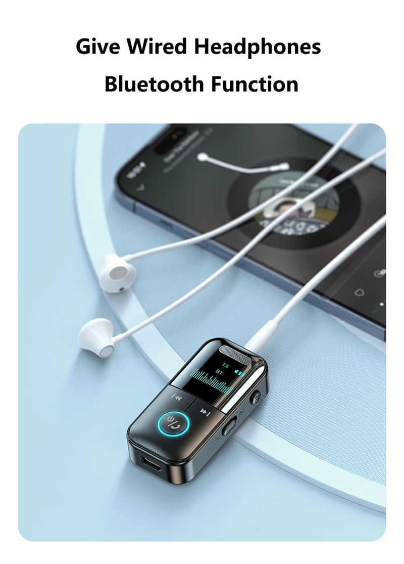 Lenovo Bluetooth 5.4 Aux Adapter Audio Receiver Transmitter 3.5mm LED Display for Car/Home Stereo/Wired Headphones/Speaker/TV