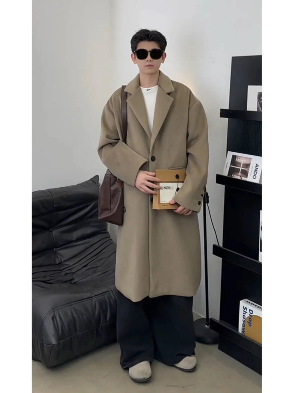 Thickened Mid-Length Woolen Men's Coat Black Intellectual Style Korean British Fashion Winter Outerwear Warm Long Sleeve Coat
