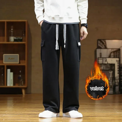 Winter Velvet Fleece Sweatpants Men Baggy Joggers Cargo Pants Neutral Breathable Loose Outdoor Solid Color Wide Legged Trousers