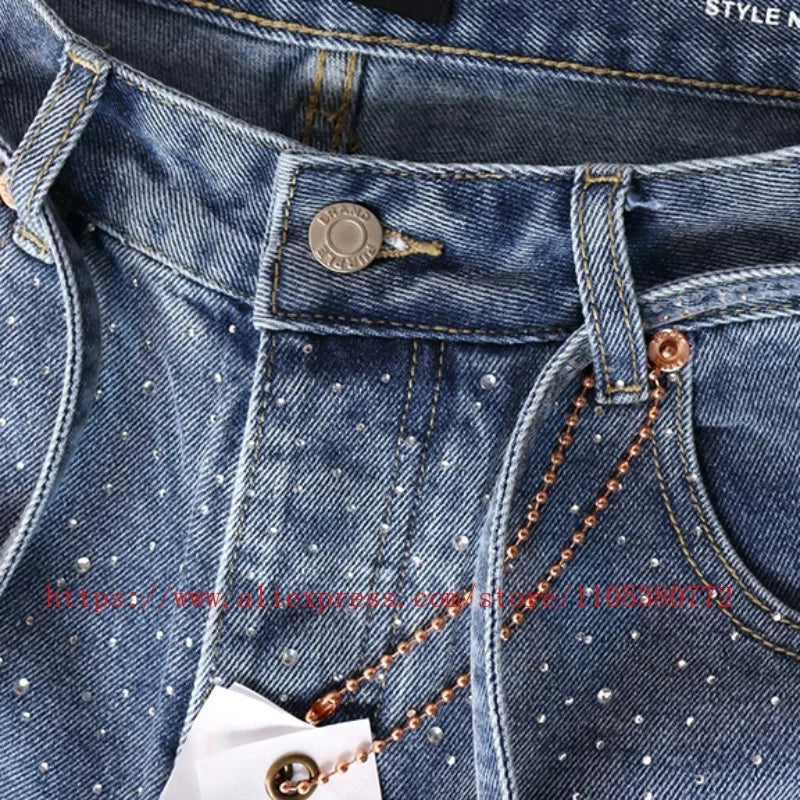American Fashion Rhinestone-decorated Denim Shorts for Men Y2K Washed Blue Loose Denim Shorts Street Style Summer Casual Shorts
