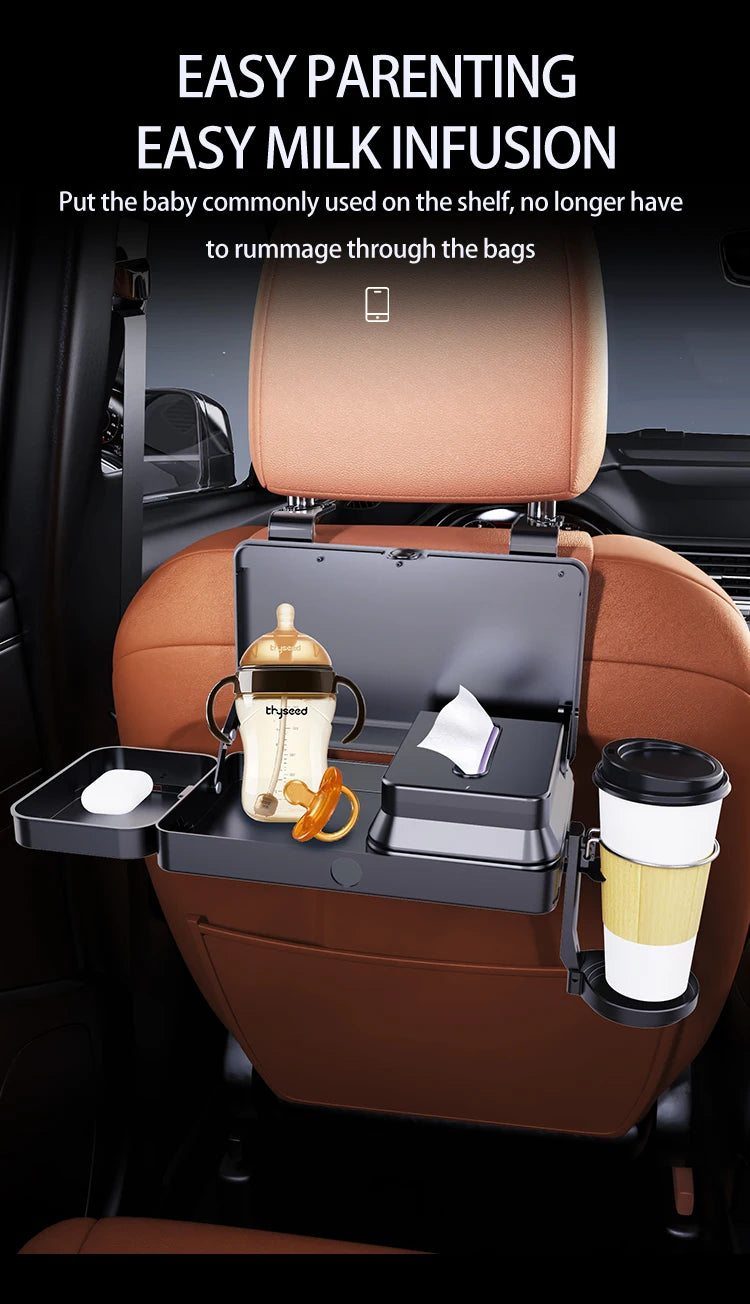 Lrbh Premium Plastic Rear Seat Organizer, with Foldable Tray, Dual Cup Holders, Phone Slot, and Large Storage Space, Easy to Install Vehicle Seat Back Accessories