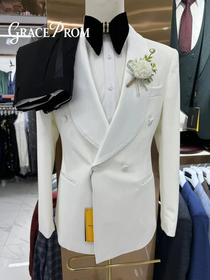 Formal Shawl Collar Men 2 Piece Set Classic Double Breasted Tuxedo Suit Fit Groom Groomsmen Classic Mens Office Suit Set