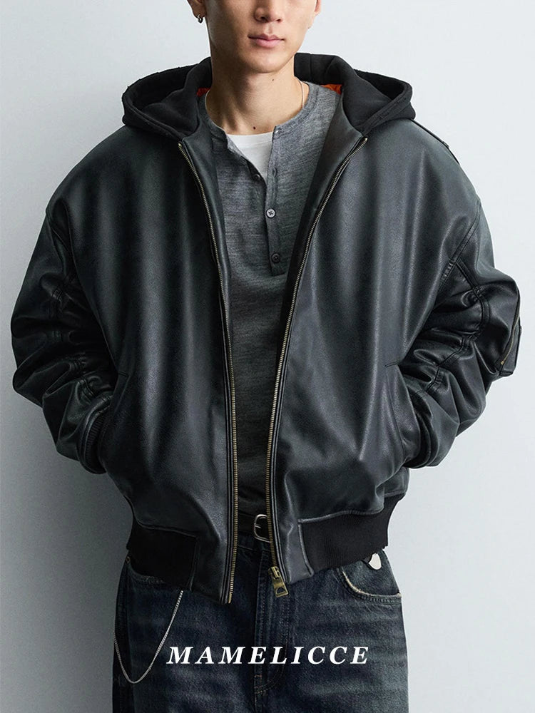 MAMELICCE Original design Hooded Splicing Faux leather jacket Men's clothing Thickened coat Cotton jackets Autumn and winter top