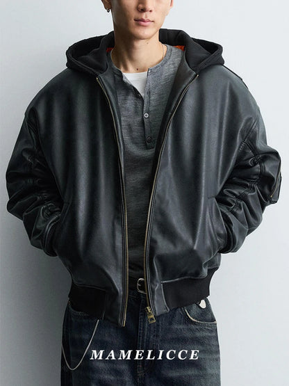 MAMELICCE Original design Hooded Splicing Faux leather jacket Men's clothing Thickened coat Cotton jackets Autumn and winter top