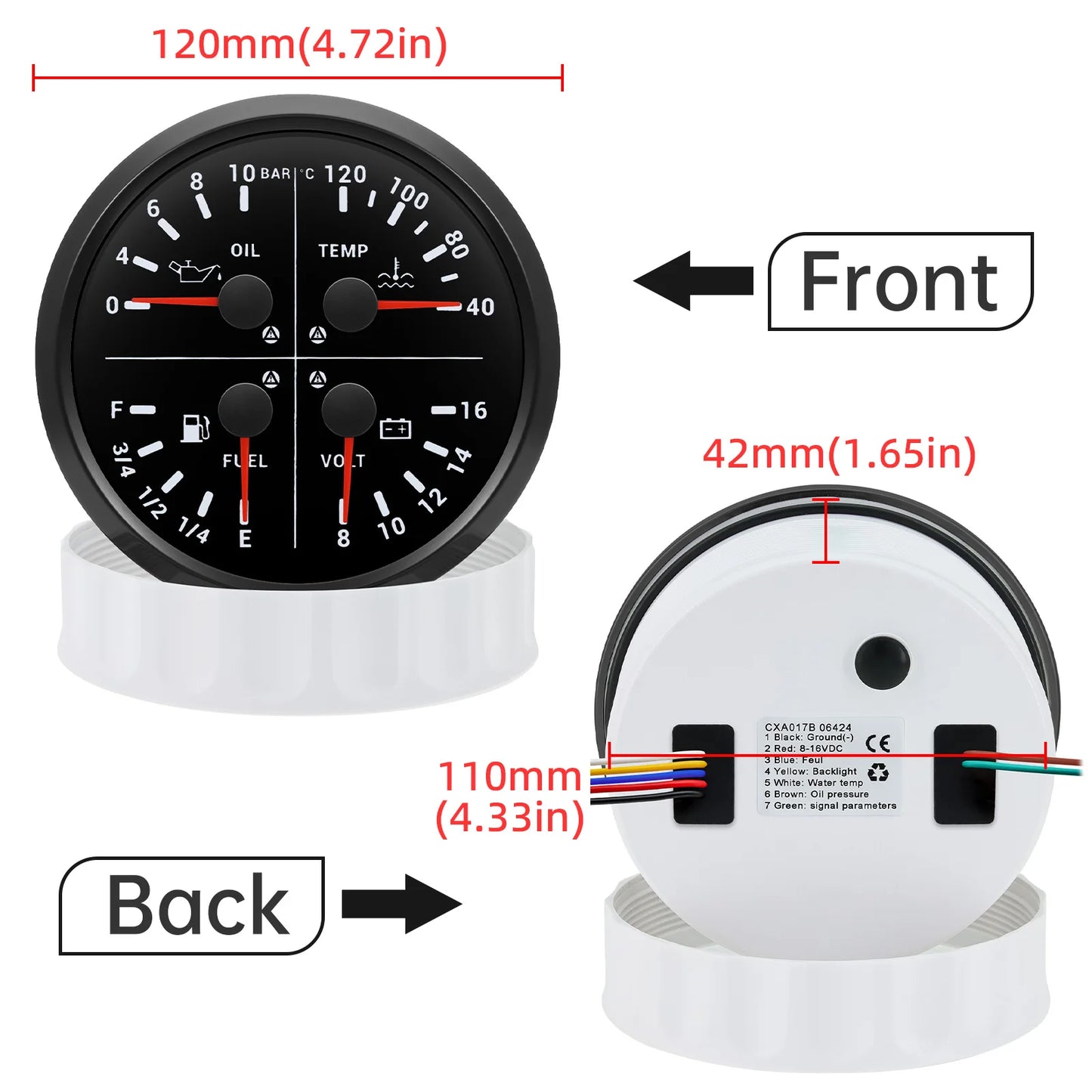 110mm 4 In 1 Gauge 0-150PSI / 0-10BAR Oil Pressure Gauge Water Temperature Fuel Level Voltmeter Light Alarm for Car Boat Yacht