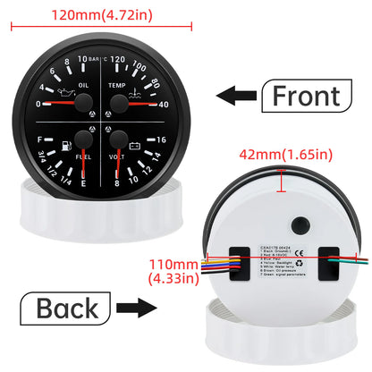 110mm 4 In 1 Gauge 0-150PSI / 0-10BAR Oil Pressure Gauge Water Temperature Fuel Level Voltmeter Light Alarm for Car Boat Yacht