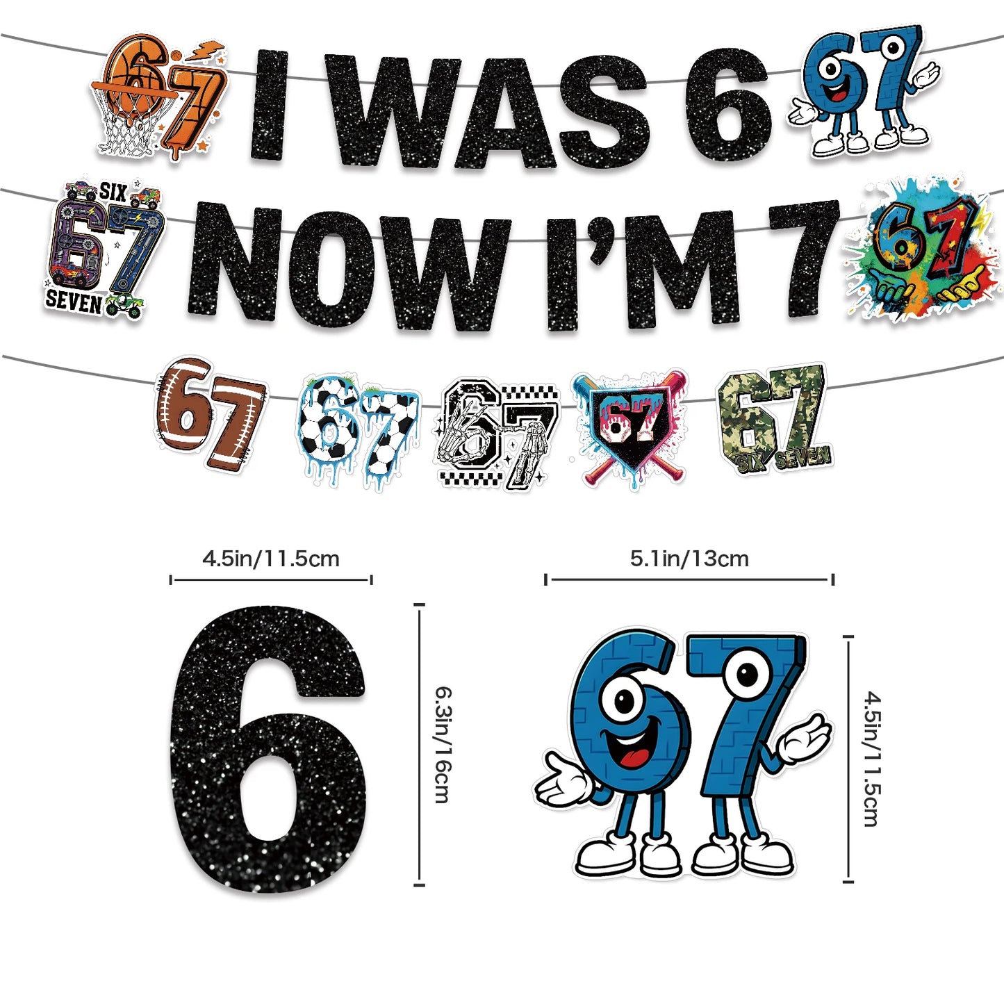 I WAS 6 NOW IM 7 Number 67 Themed Birthday Party Decoration Banner Balloon Cake Toppers＆ Make A Face DIY Stickers Creative Gift