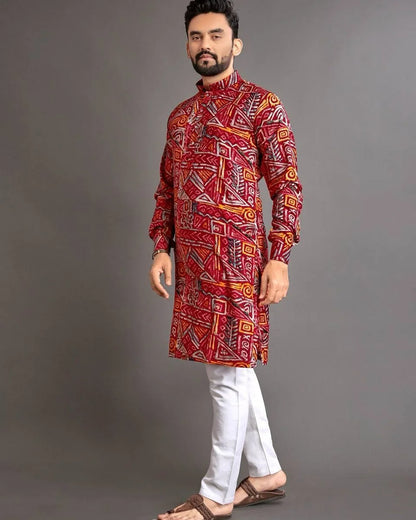 Luxury Islamic Arabic Abaya Robe National Style Ethnic Print Stand Collar Youth Mid-length Ropa Arabe Hombre Kurta For Men