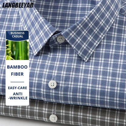 Premium Bamboo Fiber Anti-wrinkle Fashion Men Shirts Checkered Designer Long Sleeve Slim Fit Spring Autumn Business Casual Tops
