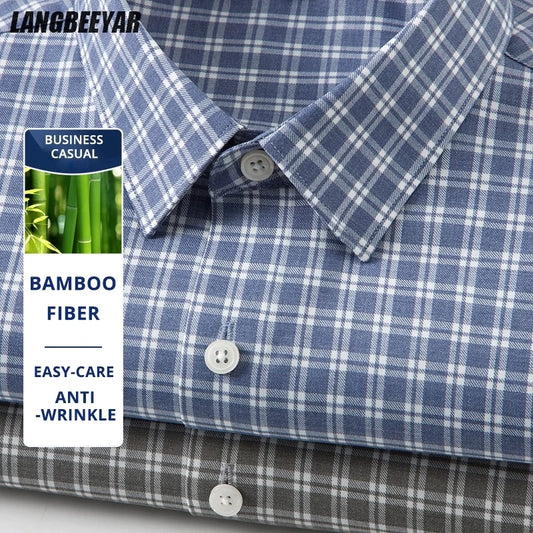 Premium Bamboo Fiber Anti-wrinkle Fashion Men Shirts Checkered Designer Long Sleeve Slim Fit Spring Autumn Business Casual Tops