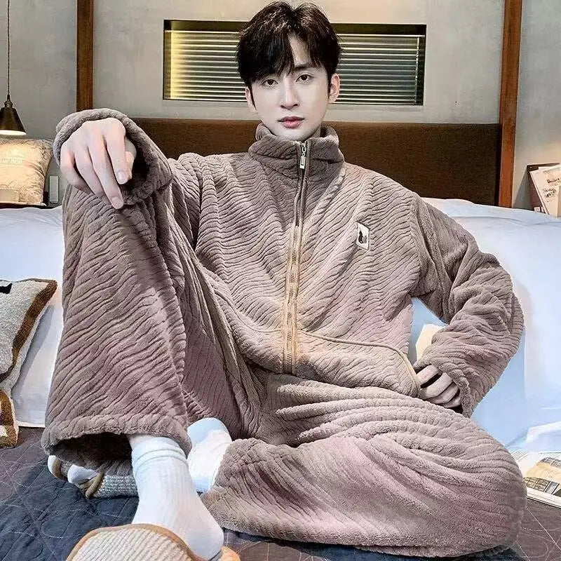 Men's Coral Fleece Pajamas Thickened Flannel Home Clothes Set Autumn Winter Style Long Sleeve Warmth Guarantee Home Scence