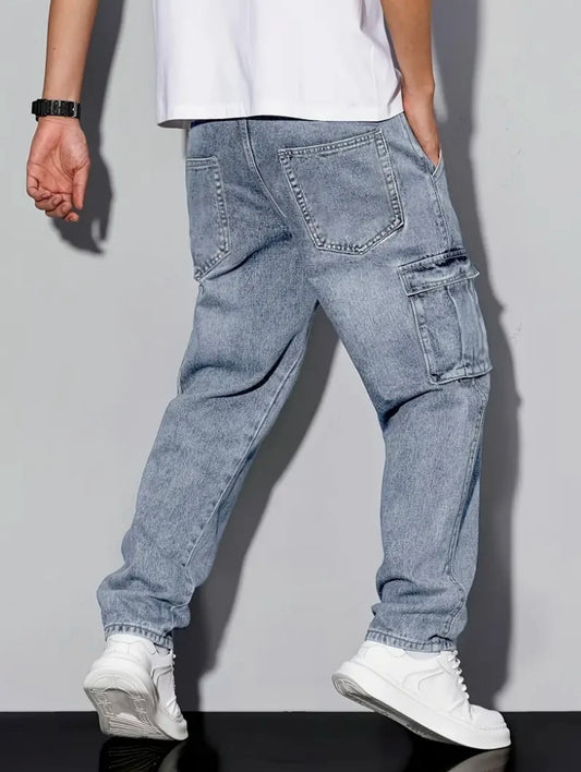 Men's American Retro Casual Cargo Jeans, Loose Fit, Solid Color, Fashion Essential