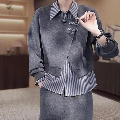 Fashionable Fake Two-Piece Hoodie Split  Skirt Set Women's Long Sleeve  Collar Polyester Fiber Slimming Design Autumn...