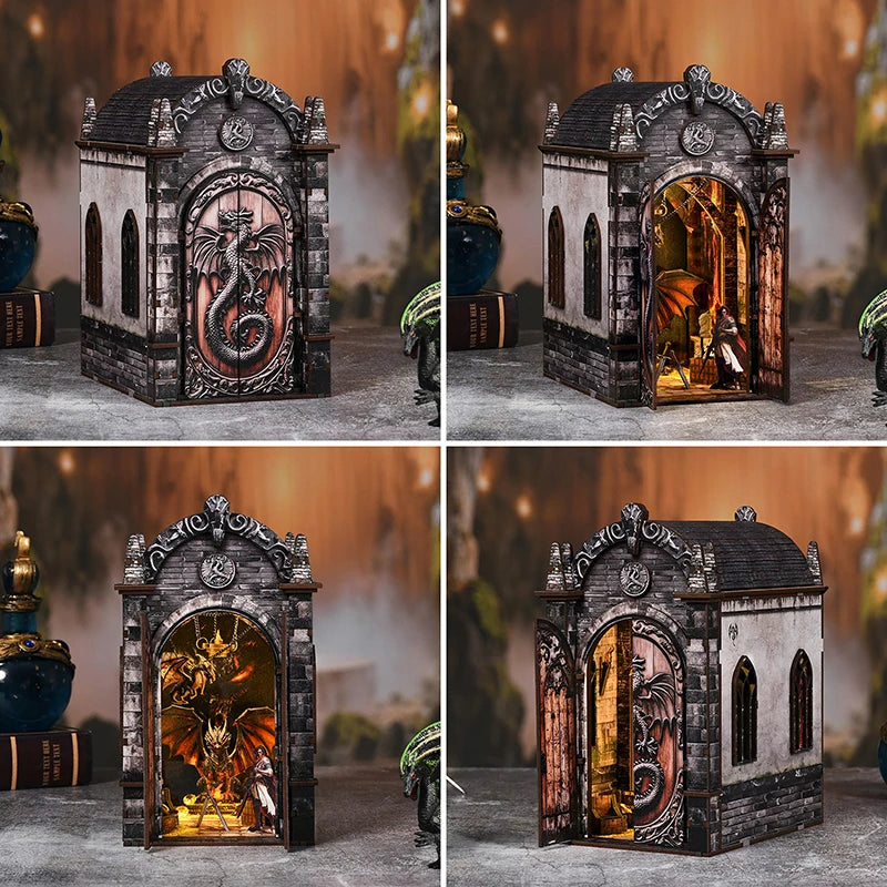 Zuuton Dragon Treasure DIY Book Nook Kit 3D Wooden Puzzle with LED Light Miniature Dollhouse Bookend Handmade Model Decor Gift