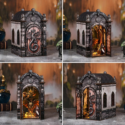 Zuuton Dragon Treasure DIY Book Nook Kit 3D Wooden Puzzle with LED Light Miniature Dollhouse Bookend Handmade Model Decor Gift