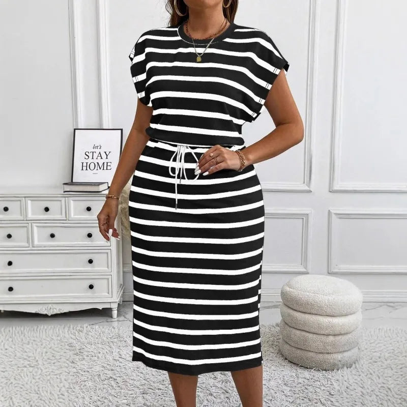 Summer Large Size Women's Clothing Casual Striped Short-sleeved Round Neck Waist Dress New Temperament Thin Plus Size Dresses